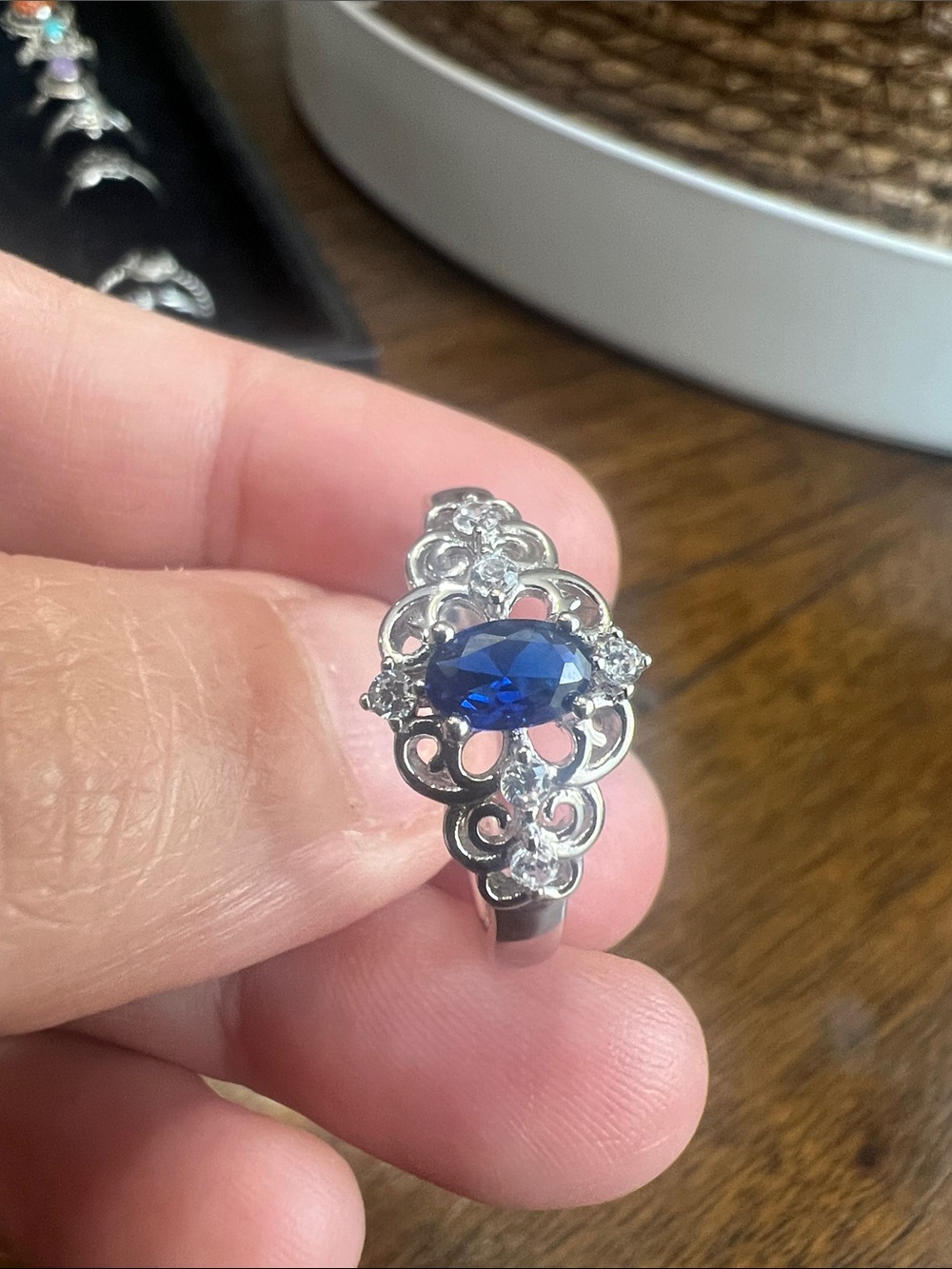 Sterling Silver Blue Sapphire-Style Filigree Ring Size 9